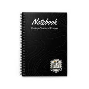 Black Topographic Spiral Notebook – Custom Text & Logo Ruled Journal
